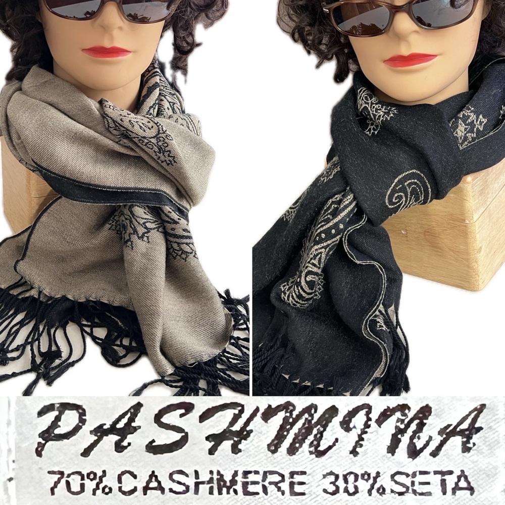 Black & Tan Paisley Pashmina Scarf /Wrap/Shawl | 70% Cashmere 30% Silk | 28”x66”